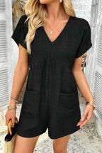 Solid Deep V Neck Drop Shoulder Loose Pockets Romper | Mixtshop LLC