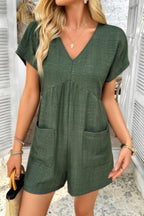 Solid Deep V Neck Drop Shoulder Loose Pockets Romper | Mixtshop LLC