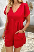 Solid Deep V Neck Drop Shoulder Loose Pockets Romper | Mixtshop LLC