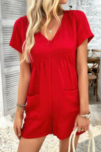 Solid Deep V Neck Drop Shoulder Loose Pockets Romper | Mixtshop LLC
