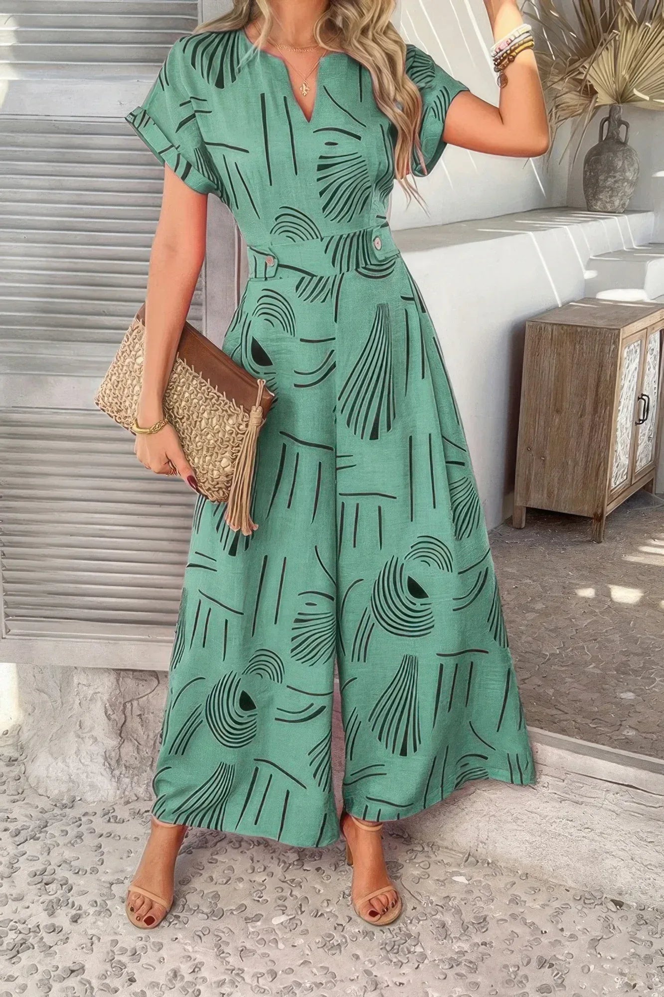 Allover Print V Neck Tie Waist Pockets Jumpsuit | Mixtshop LLC