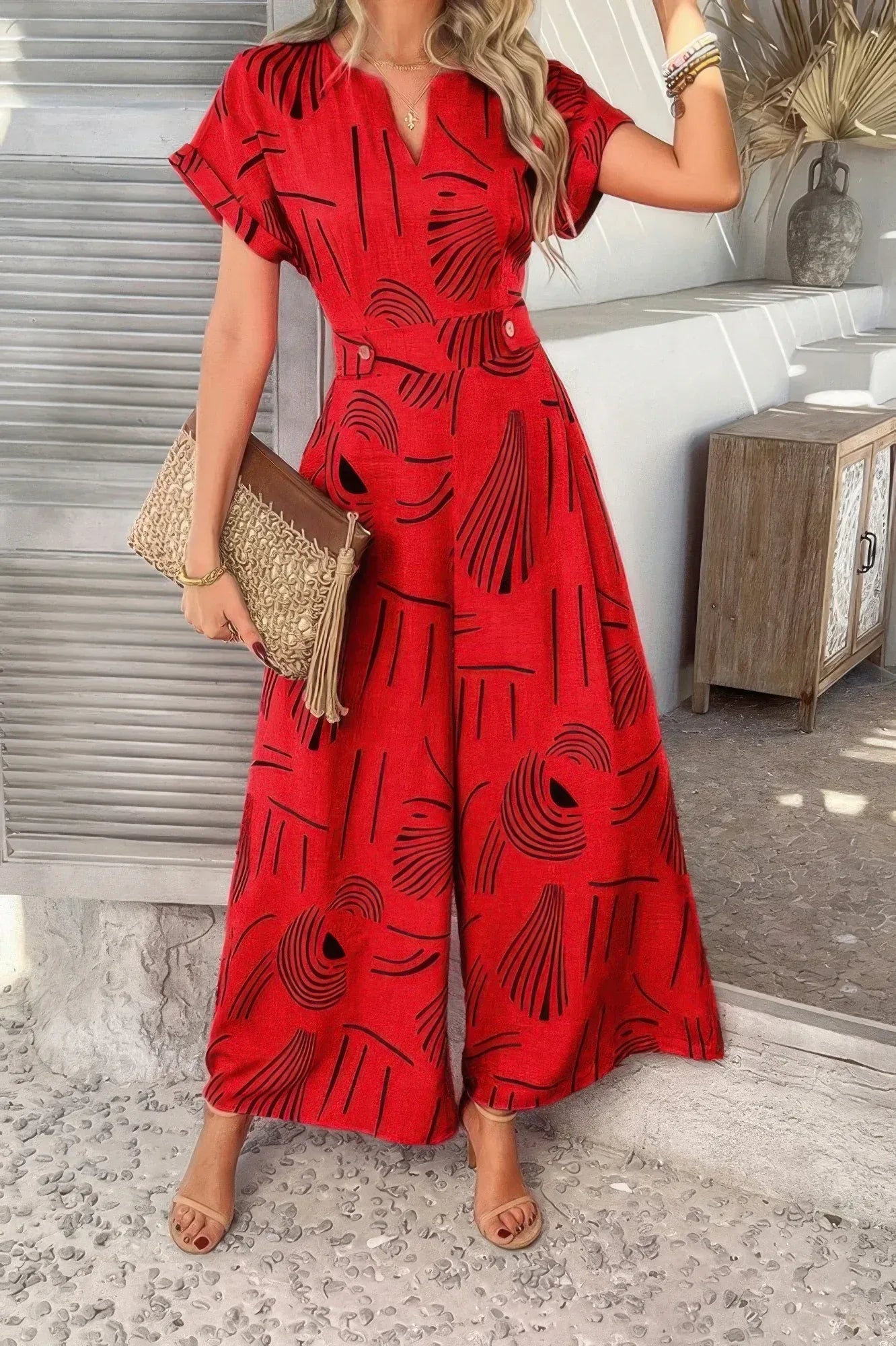 Allover Print V Neck Tie Waist Pockets Jumpsuit | Mixtshop LLC