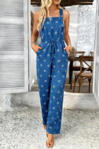 Star Print Button Tie Pockets Drawstring Jumpsuit | Mixtshop LLC