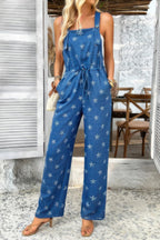 Star Print Button Tie Pockets Drawstring Jumpsuit | Mixtshop LLC