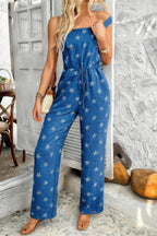 Star Print Button Tie Pockets Drawstring Jumpsuit | Mixtshop LLC