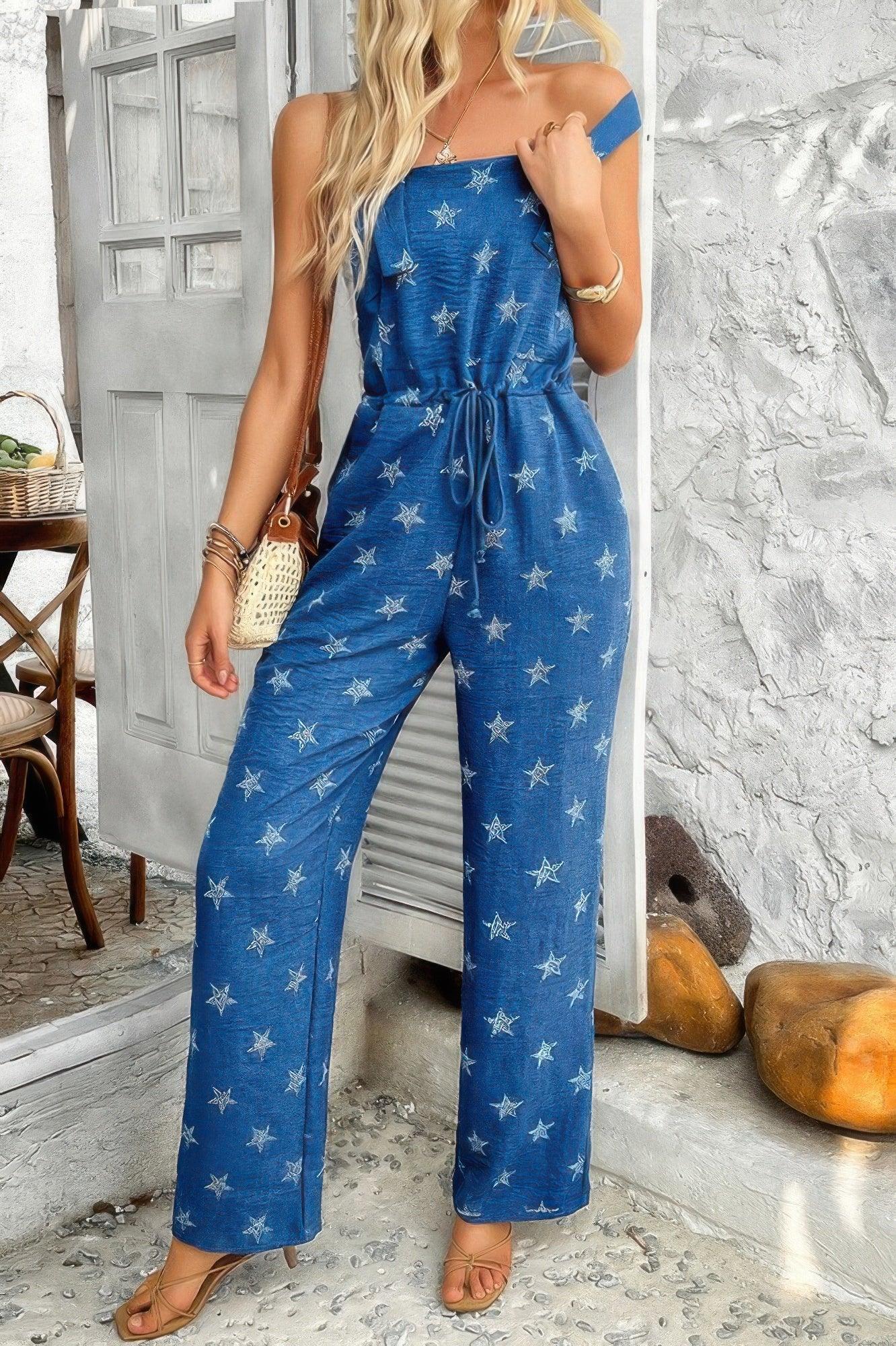 Star Print Button Tie Pockets Drawstring Jumpsuit | Mixtshop LLC