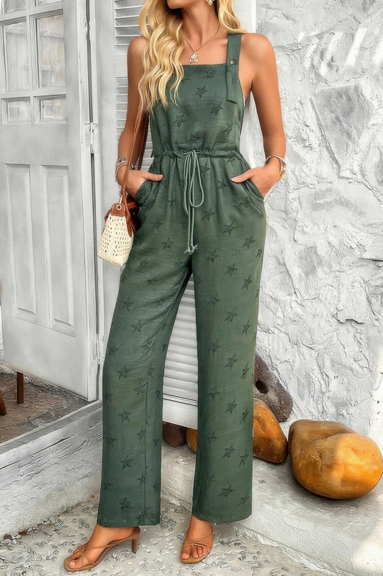 Star Print Button Tie Pockets Drawstring Jumpsuit | Mixtshop LLC