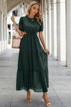Cut Out Waist Ruffle Hem Puff Sleeves Fit Dress | Mixtshop LLC