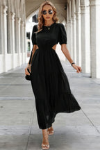 Cut Out Waist Ruffle Hem Puff Sleeves Fit Dress | Mixtshop LLC