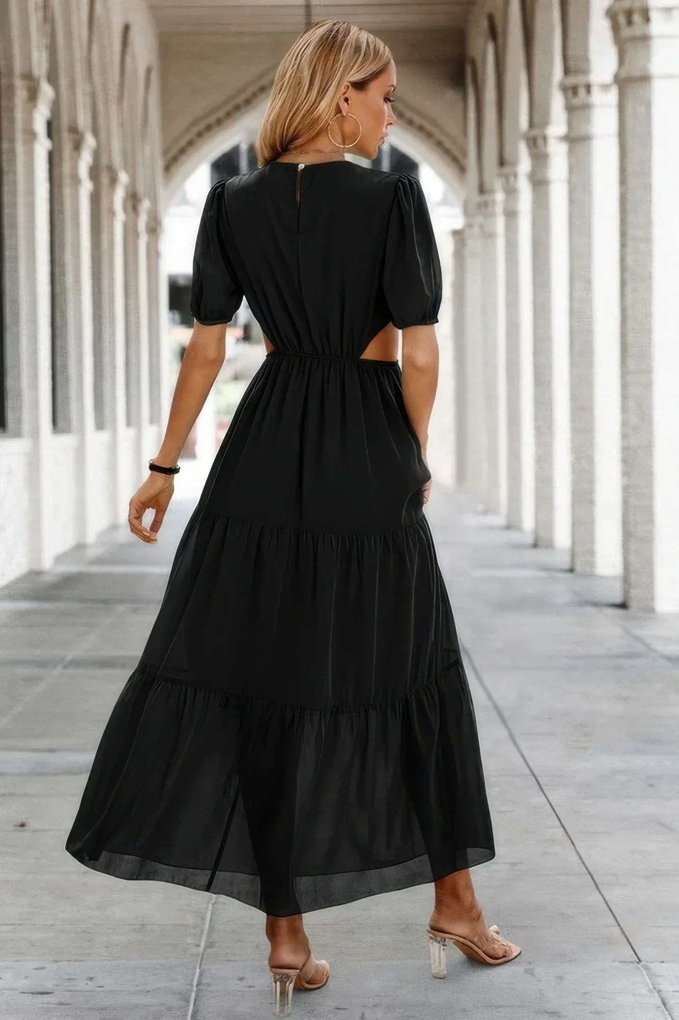 Cut Out Waist Ruffle Hem Puff Sleeves Fit Dress | Mixtshop LLC