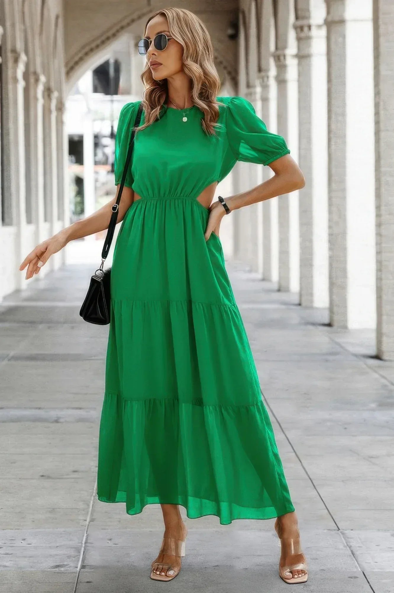Cut Out Waist Ruffle Hem Puff Sleeves Fit Dress | Mixtshop LLC
