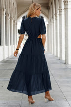 Cut Out Waist Ruffle Hem Puff Sleeves Fit Dress | Mixtshop LLC