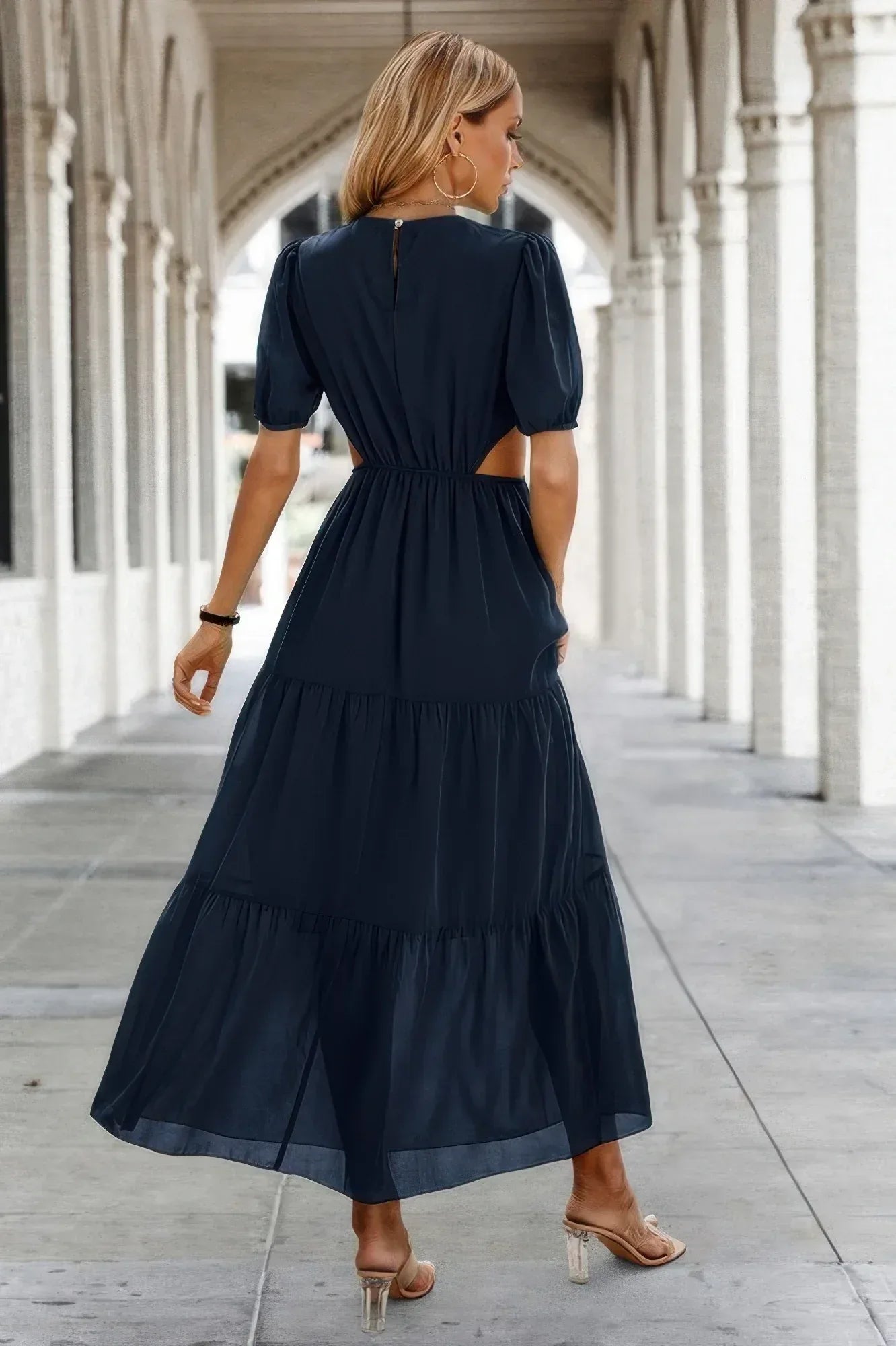 Cut Out Waist Ruffle Hem Puff Sleeves Fit Dress | Mixtshop LLC