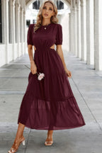 Cut Out Waist Ruffle Hem Puff Sleeves Fit Dress | Mixtshop LLC