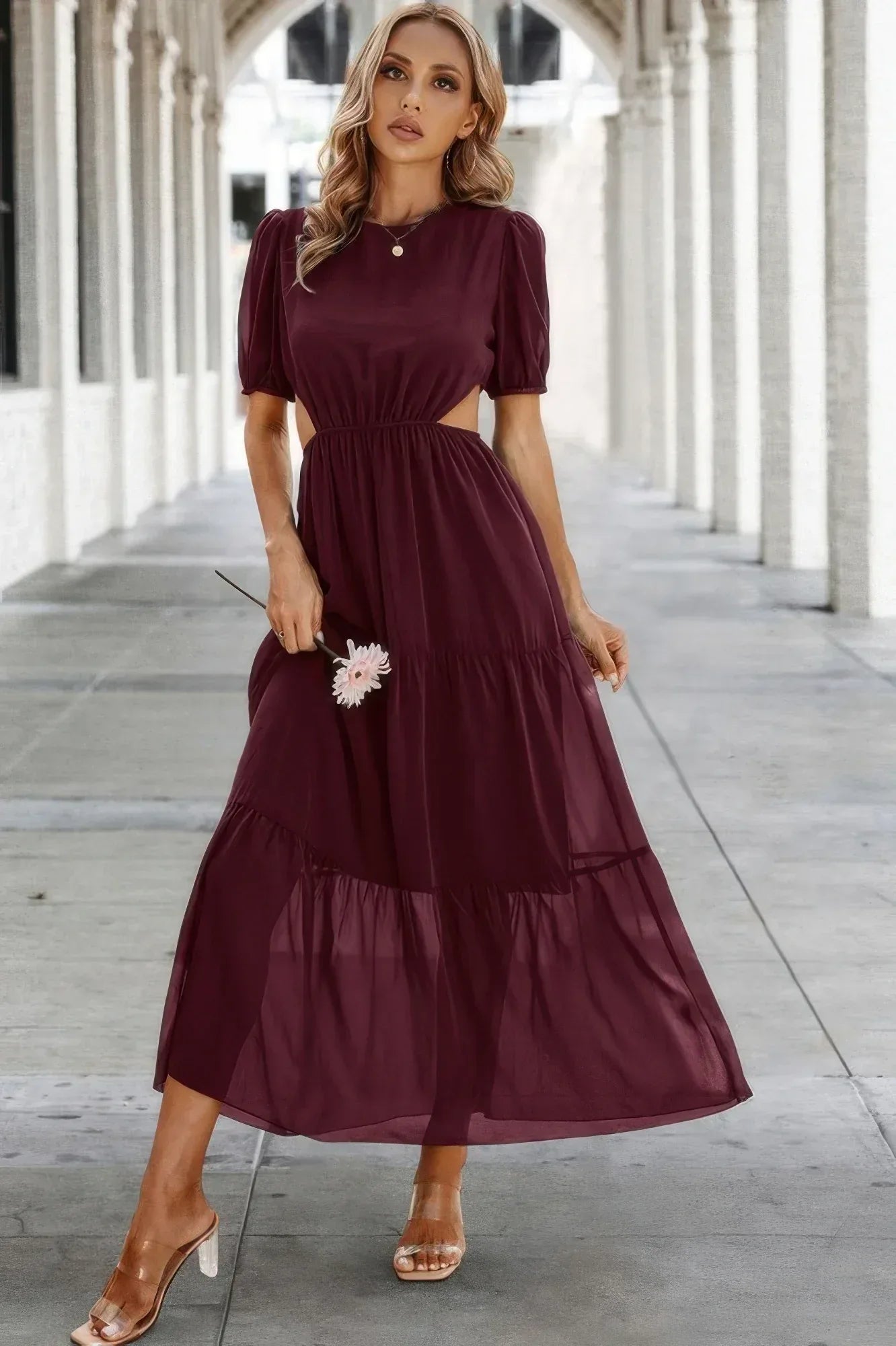 Cut Out Waist Ruffle Hem Puff Sleeves Fit Dress | Mixtshop LLC