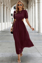 Cut Out Waist Ruffle Hem Puff Sleeves Fit Dress | Mixtshop LLC