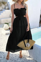 Solid Cut Out Ruched Spaghetti Strap Tiered Dress | Mixtshop LLC