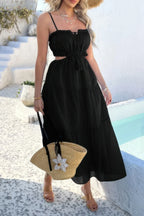 Solid Cut Out Ruched Spaghetti Strap Tiered Dress | Mixtshop LLC