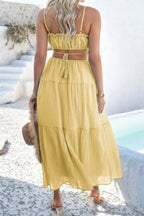 Solid Cut Out Ruched Spaghetti Strap Tiered Dress | Mixtshop LLC