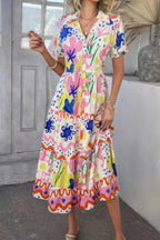 Allover Printed Button Down Ruched Long Dress | Mixtshop LLC