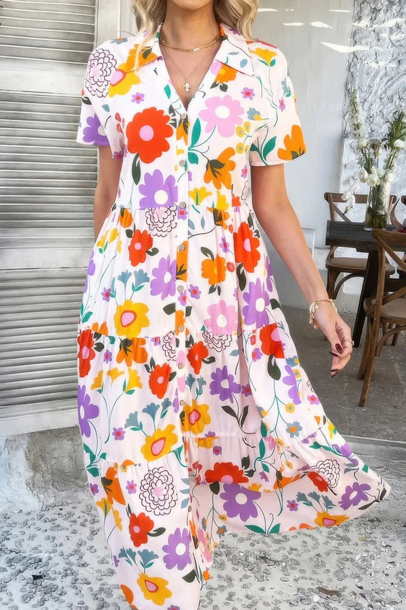 Allover Printed Button Down Ruched Long Dress | Mixtshop LLC