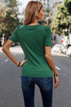 Solid V Neck Lace Short Puff Sleeve Fit Shirt | Mixtshop LLC