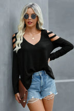 Solid Knitted V Neck Cut Out Shoulder Top | Mixtshop LLC