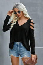 Solid Knitted V Neck Cut Out Shoulder Top | Mixtshop LLC