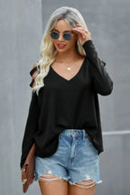 Solid Knitted V Neck Cut Out Shoulder Top | Mixtshop LLC