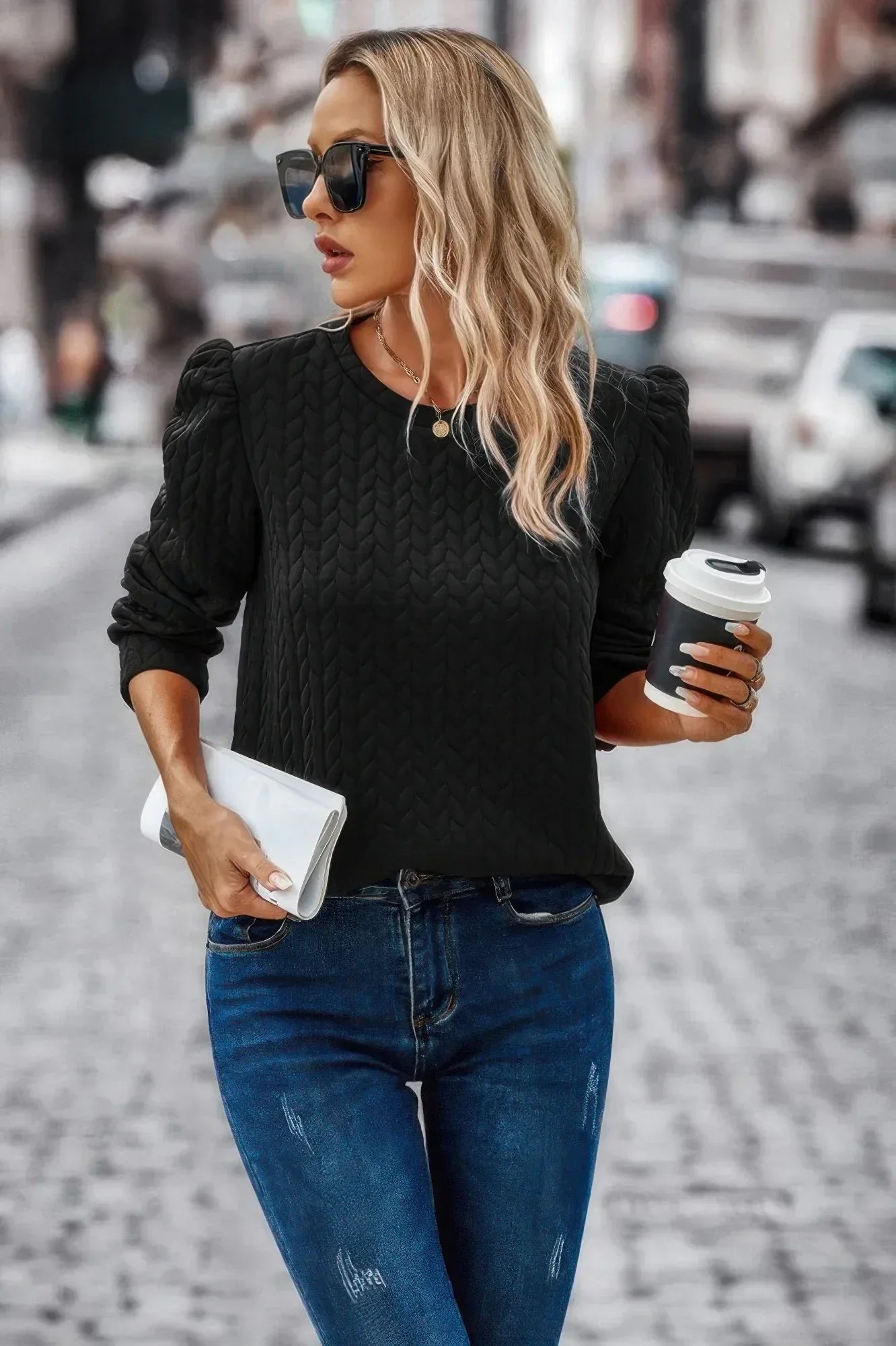 Solid Crewneck Twist Texture Loose Fit Pullover Secondary image