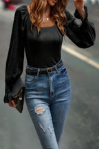 Scoop Neck Solid Swiss Dot Puff Sleeve Ribbed Slim | Mixtshop LLC