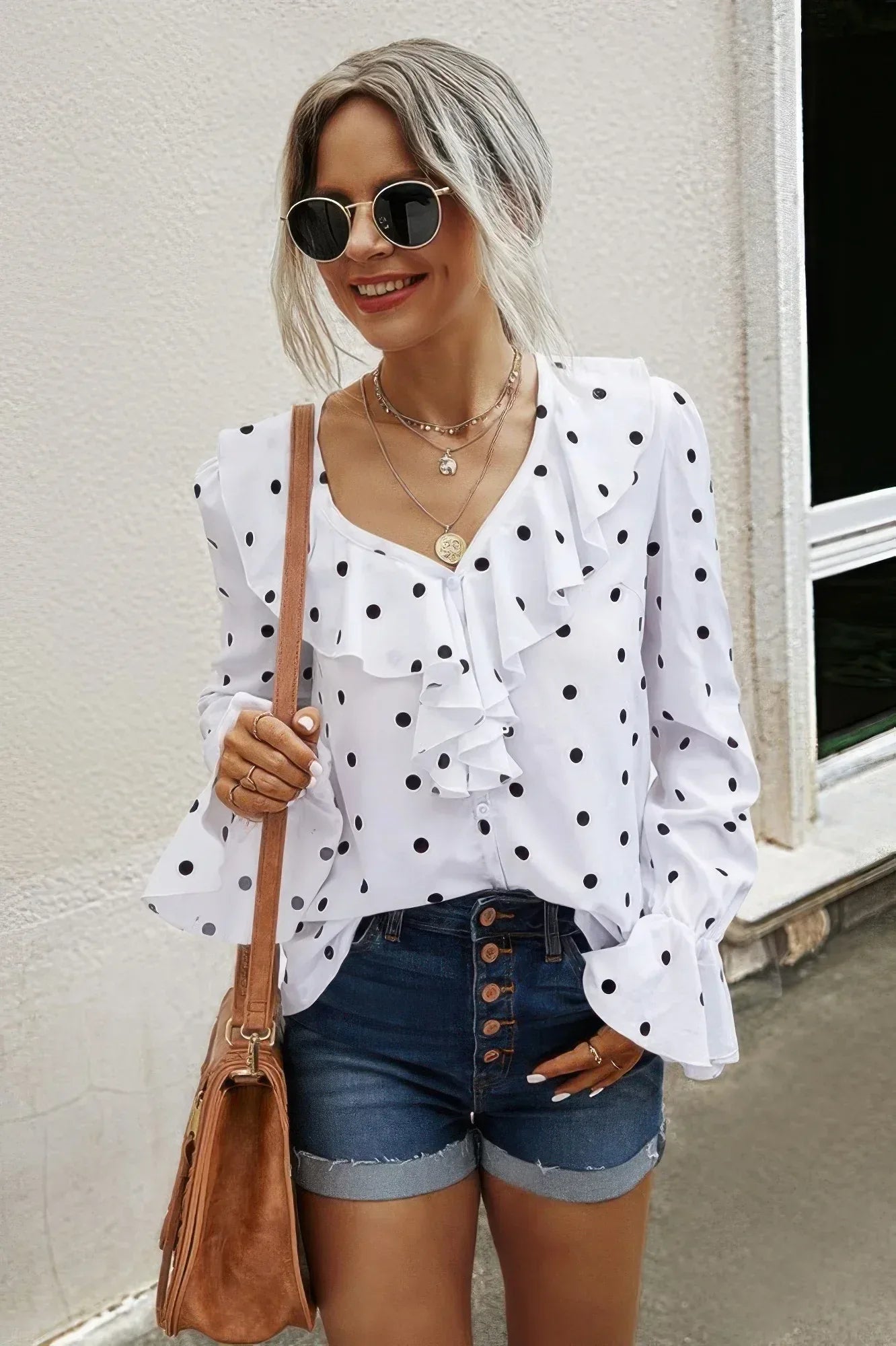 Polka Dots Long Sleeve V Neck Ruffled Shirt | Mixtshop LLC