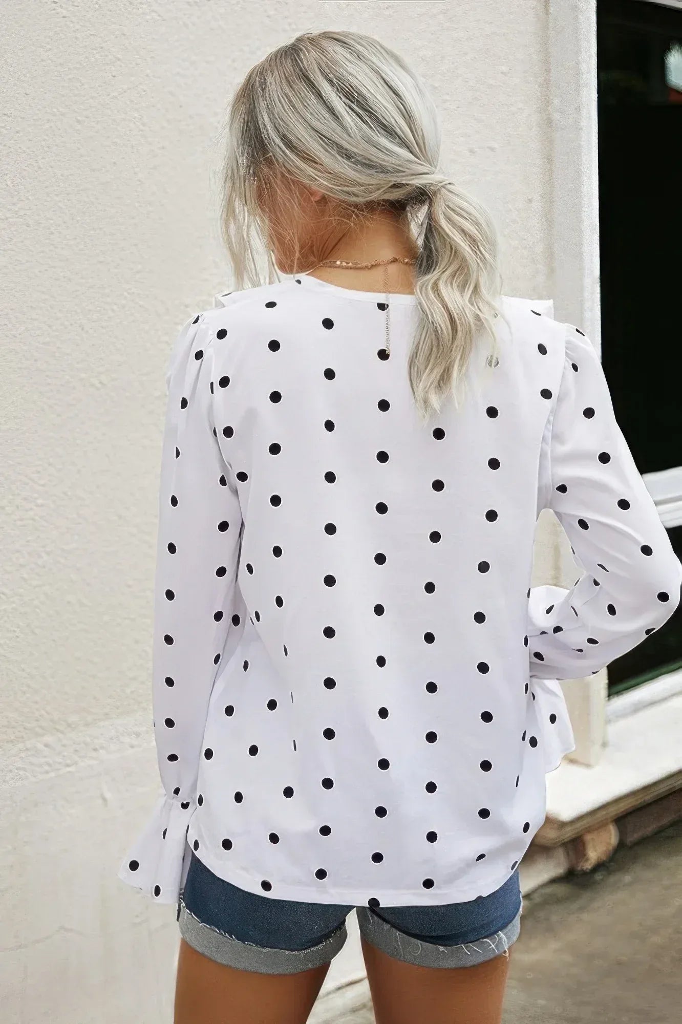 Polka Dots Long Sleeve V Neck Ruffled Shirt | Mixtshop LLC