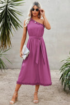 Solid One Shoulder Ruffle Hem Belt A Line Dress | Mixtshop LLC
