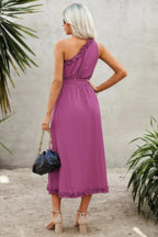 Solid One Shoulder Ruffle Hem Belt A Line Dress | Mixtshop LLC