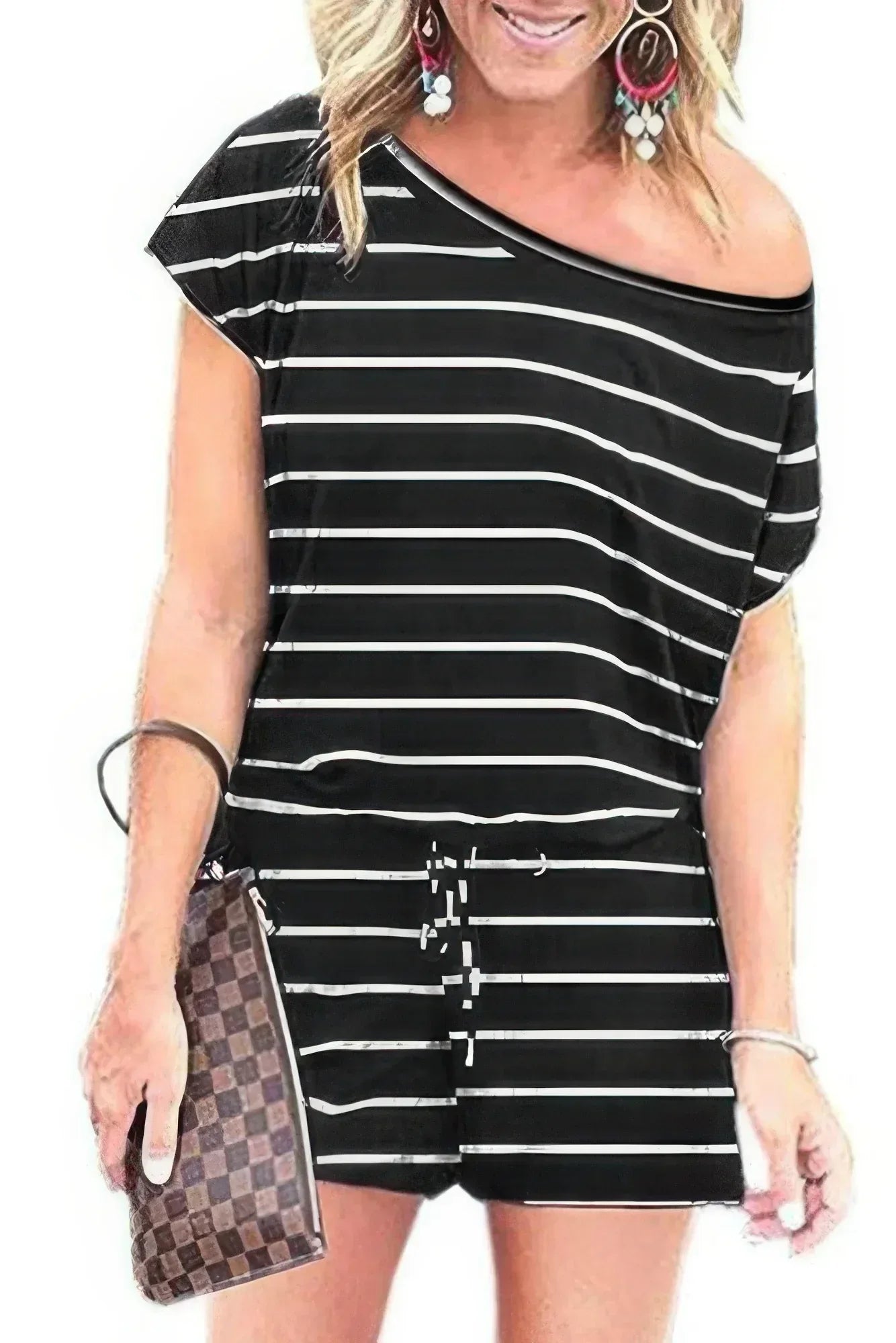 Striped Short Sleeve Drawstring Waist Romper | Mixtshop LLC Main image