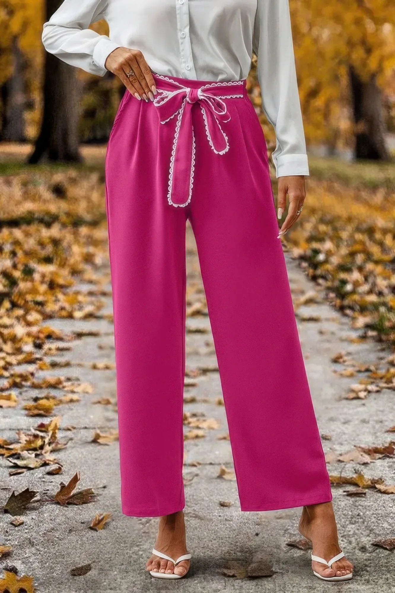 Straight Leg Elastic High Waist Lace Tie Trim Pant | Mixtshop LLC