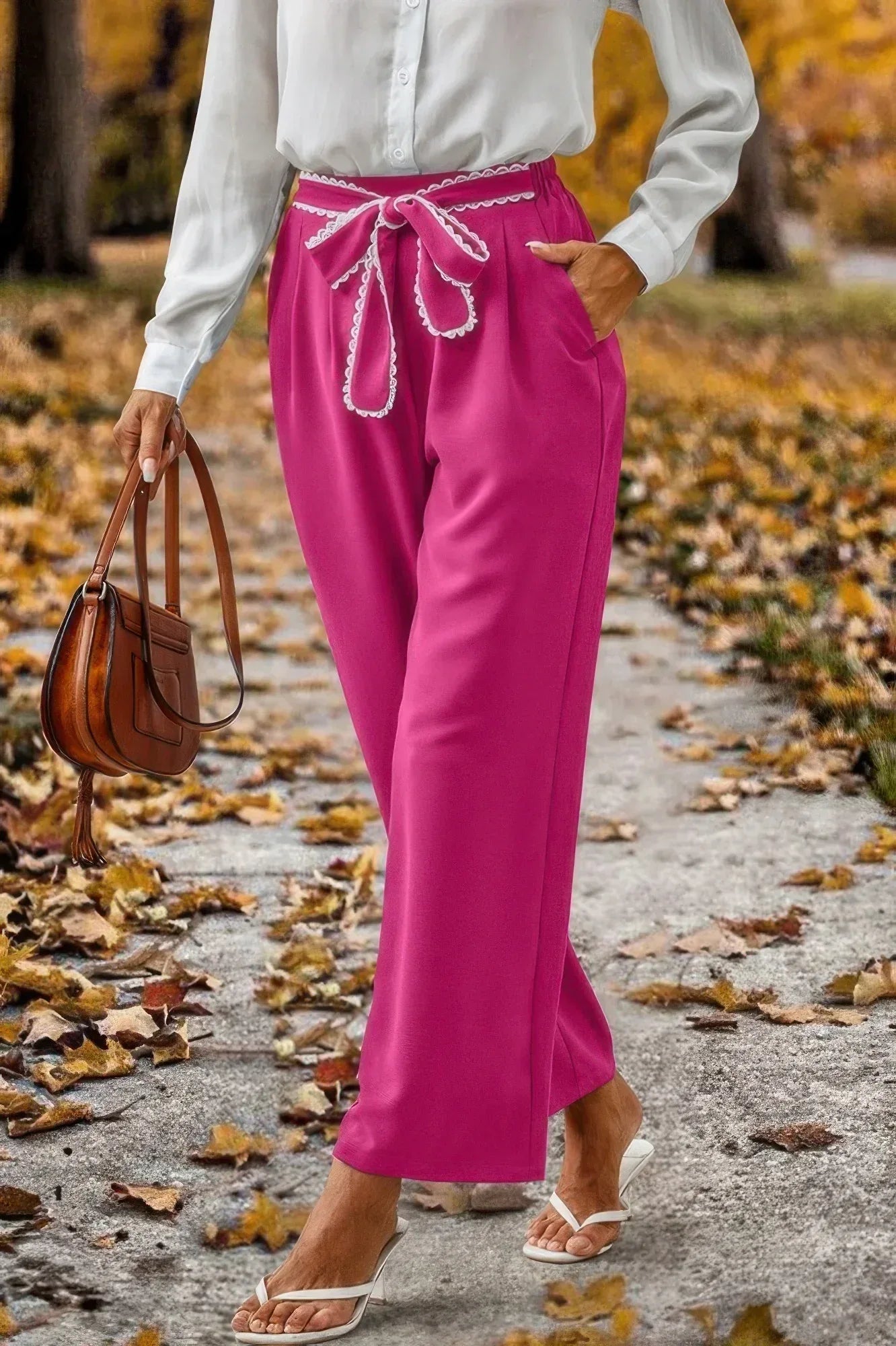 Straight Leg Elastic High Waist Lace Tie Trim Pant | Mixtshop LLC
