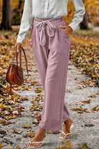 Straight Leg Elastic High Waist Lace Tie Trim Pant | Mixtshop LLC