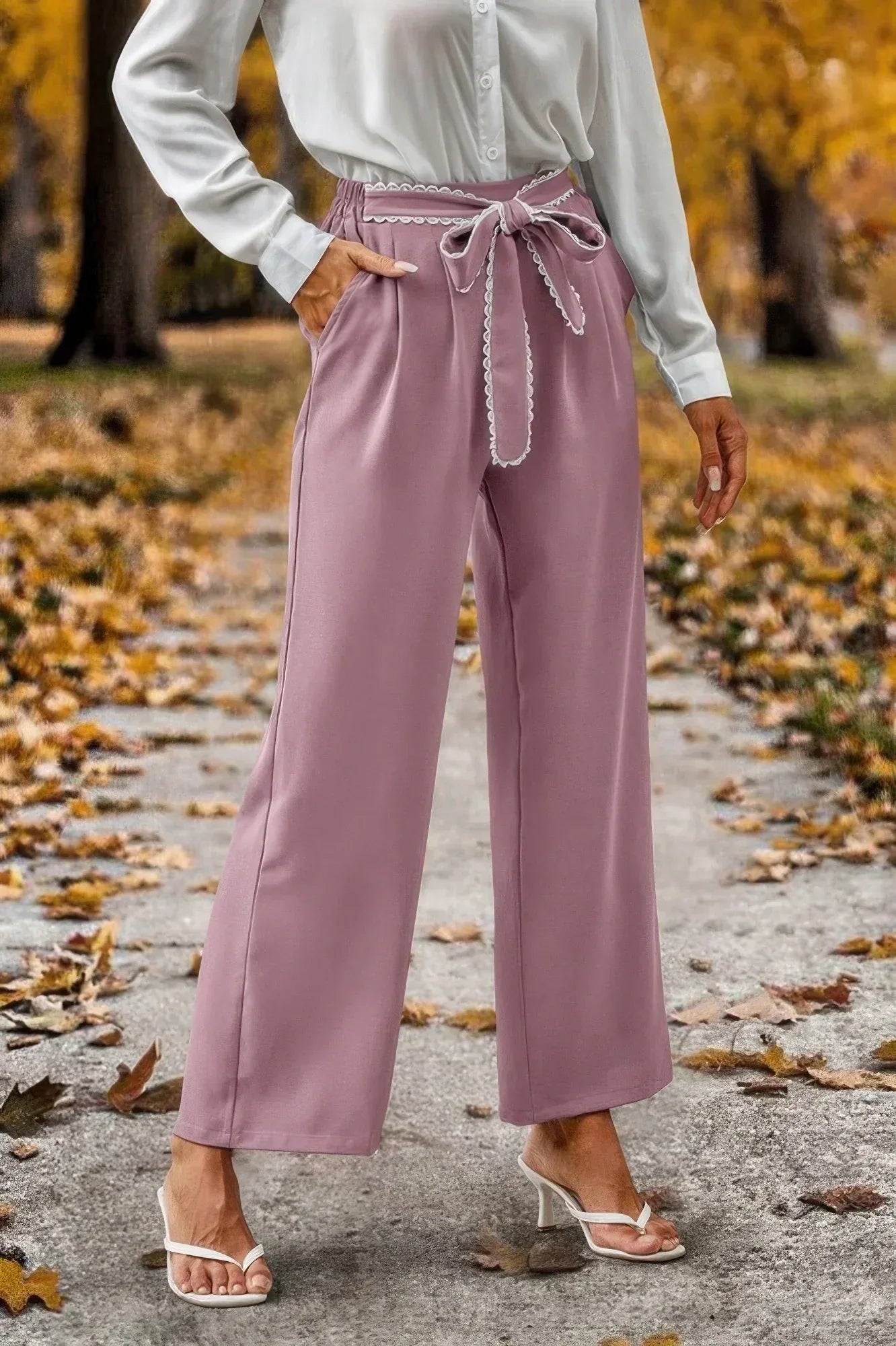 Straight Leg Elastic High Waist Lace Tie Trim Pant | Mixtshop LLC