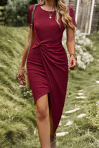 Solid Short Sleeve Twisted Split Fit Midi Dress | Mixtshop LLC