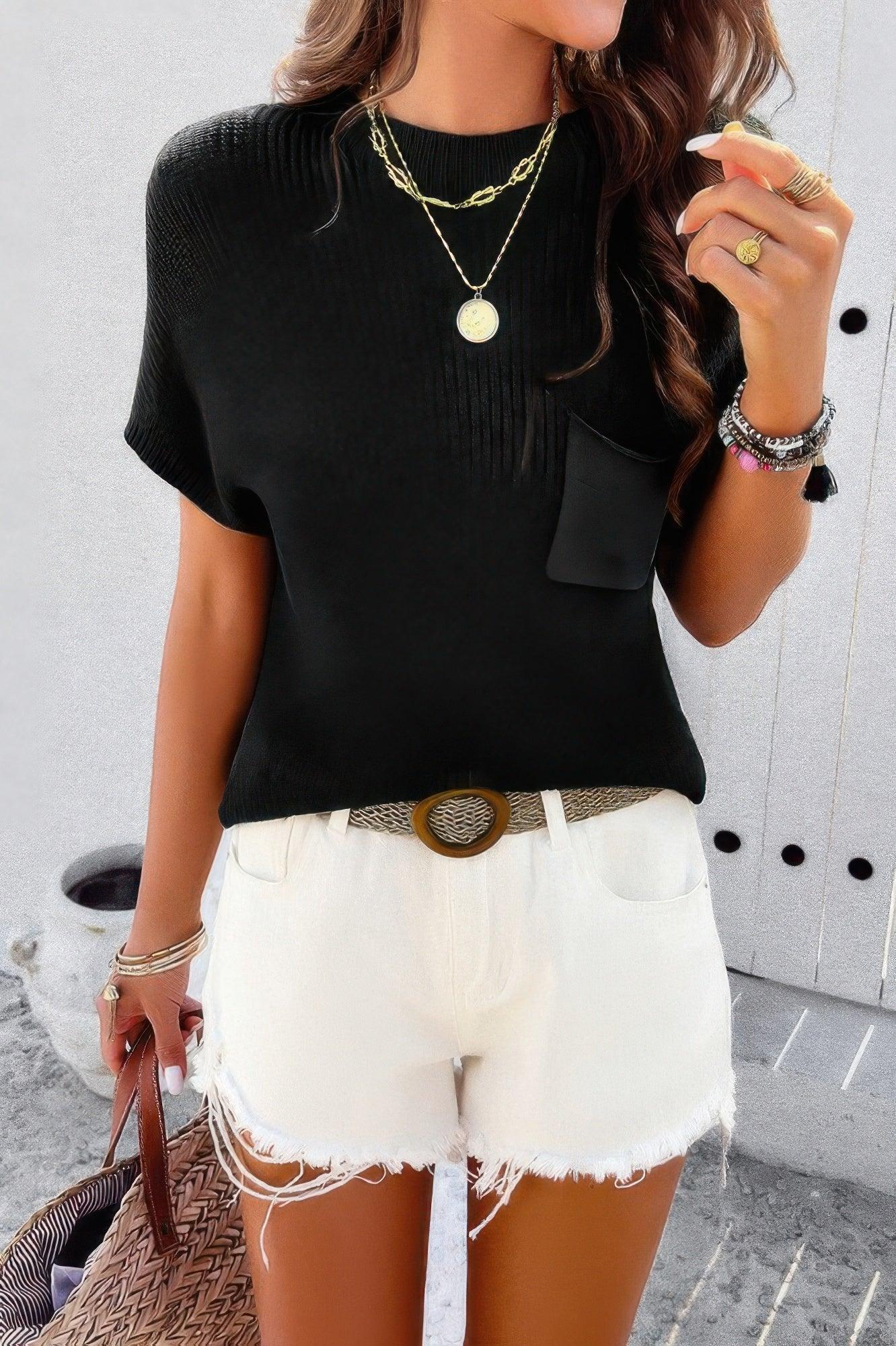 Solid Short Cap Sleeve Ribbed Knit Loose Top | Mixtshop LLC