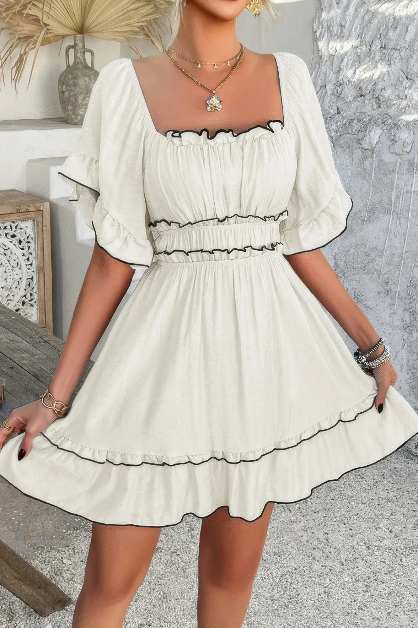 Off Shoulder Square Neck Ruffle Trim Short Dress | Mixtshop LLC Main image