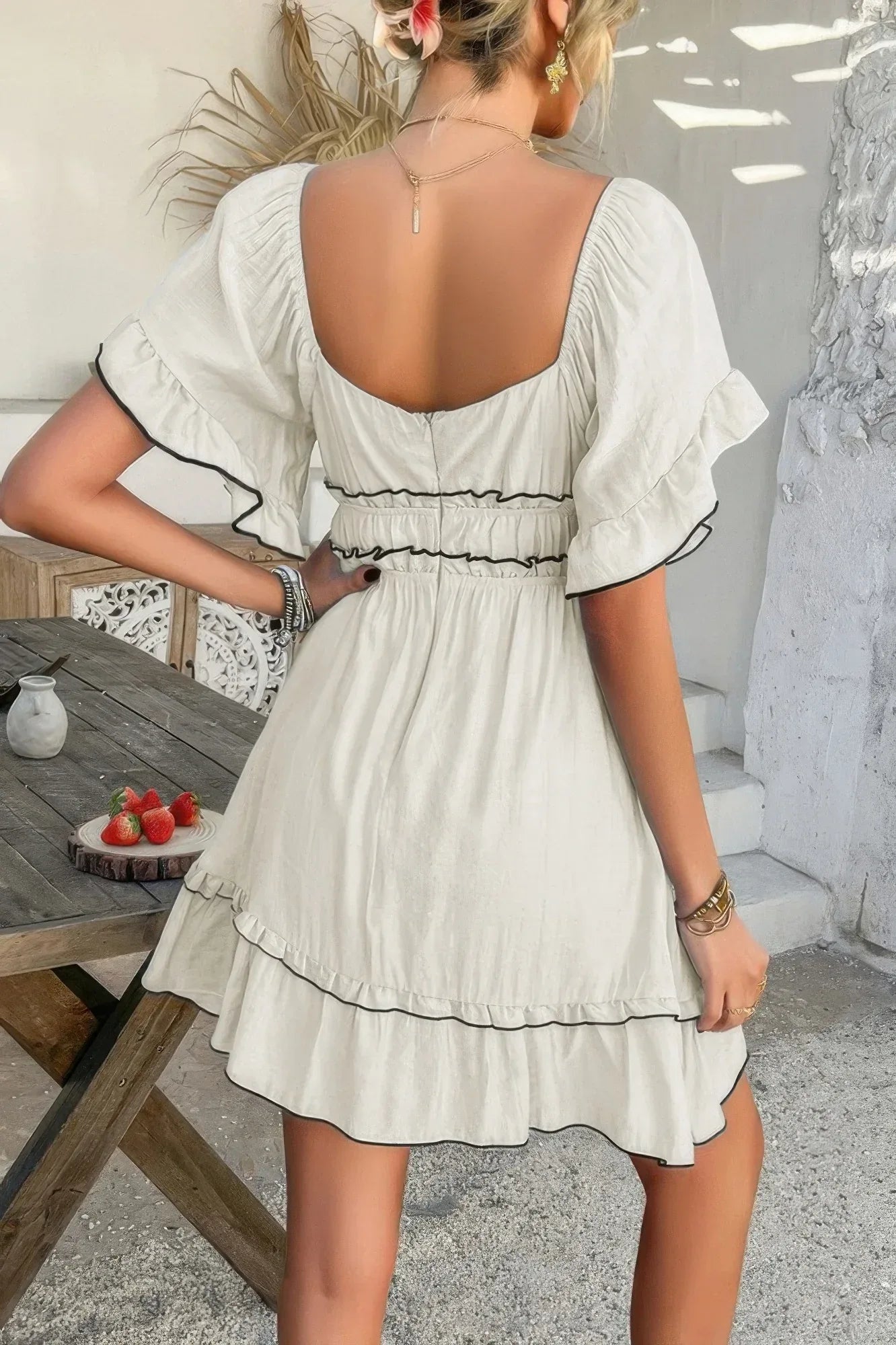 Off Shoulder Square Neck Ruffle Trim Short Dress Secondary image