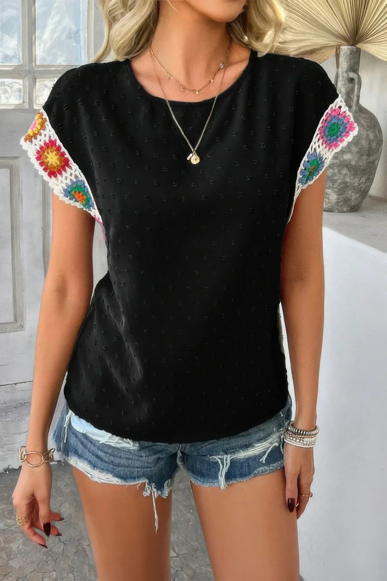 Swiss Dot Crochet Patchwork Short Sleeves Shirt | Mixtshop LLC