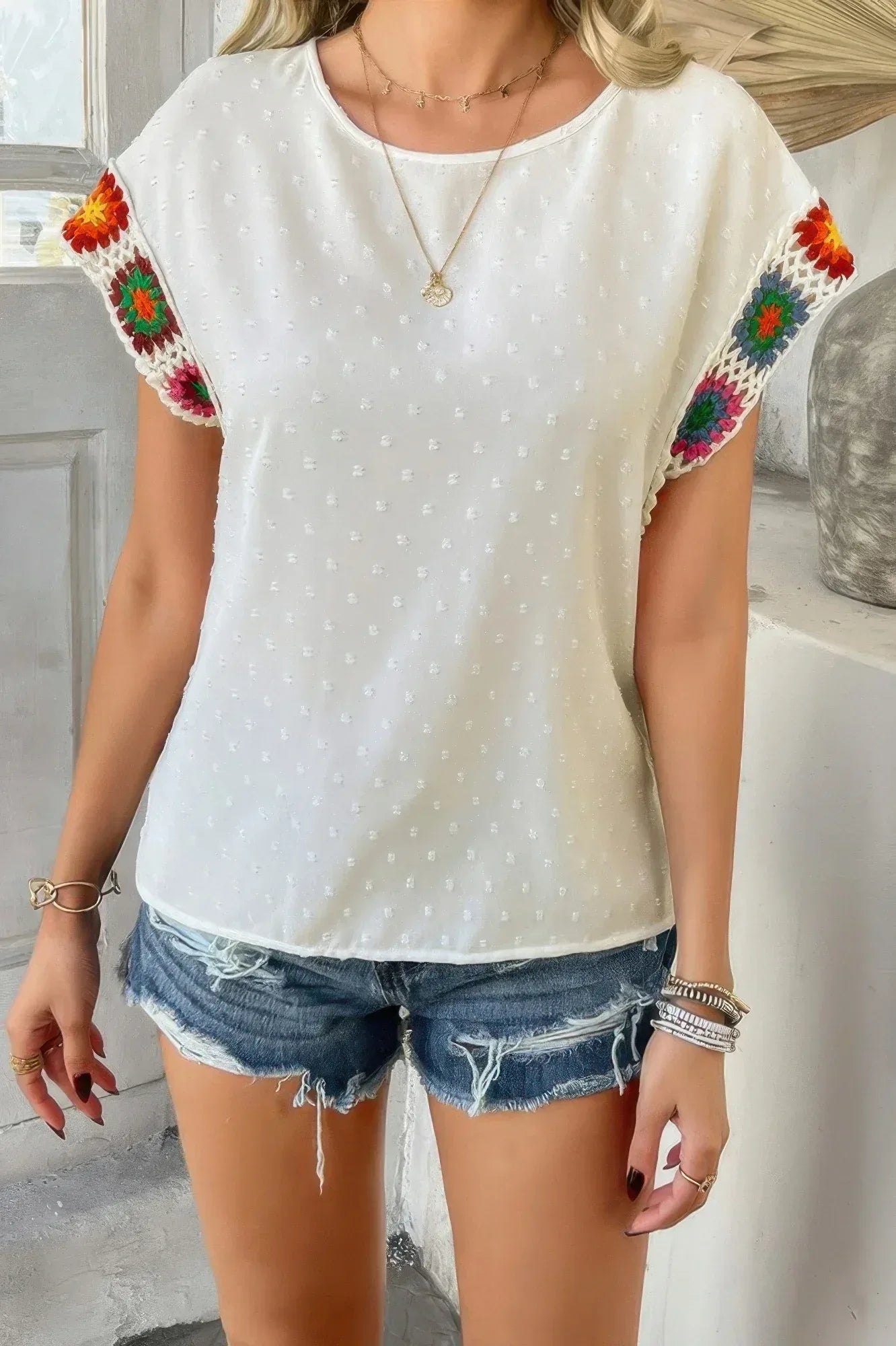 Swiss Dot Crochet Patchwork Short Sleeves Shirt | Mixtshop LLC