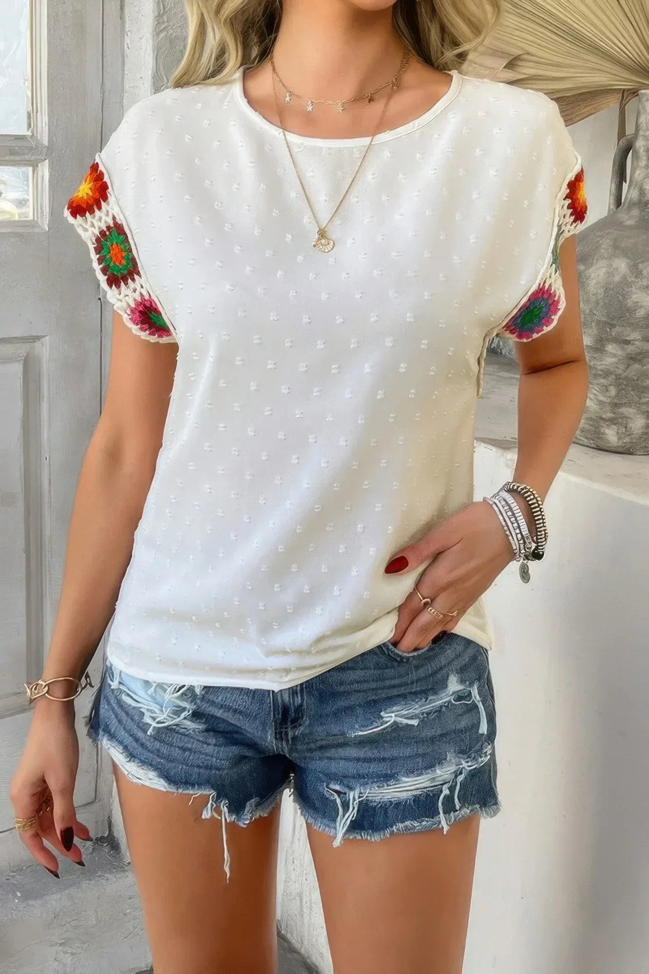 Swiss Dot Crochet Patchwork Short Sleeves Shirt | Mixtshop LLC