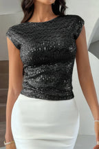 Round Neck Sequin Crop Slim Short Sleeves Top | Mixtshop LLC