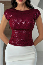 Round Neck Sequin Crop Slim Short Sleeves Top | Mixtshop LLC