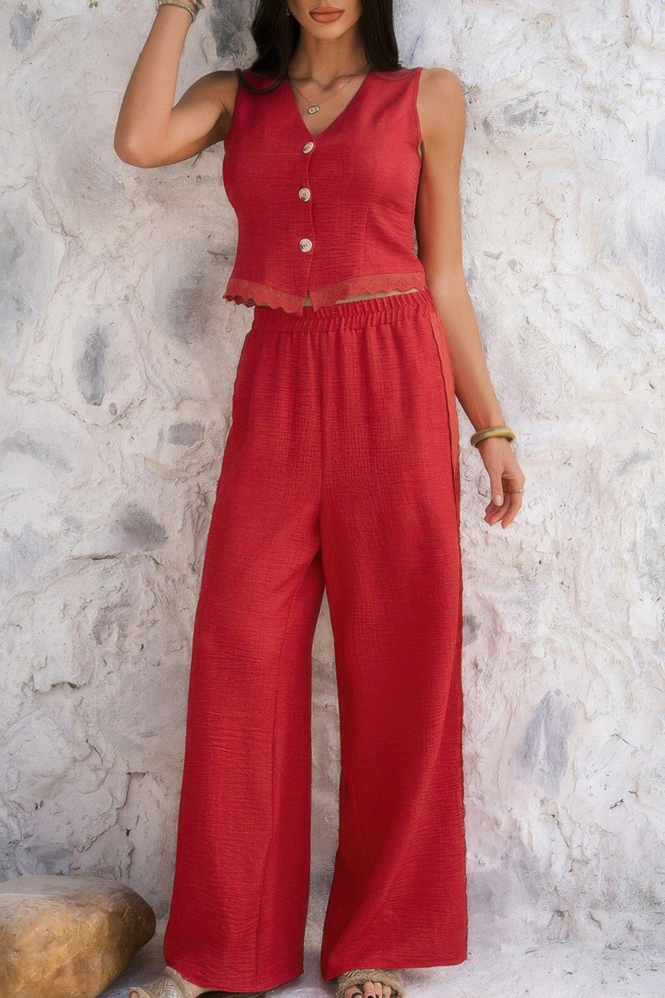 Solid Two Pieces Button Lace Hem Long Sets | Mixtshop LLC